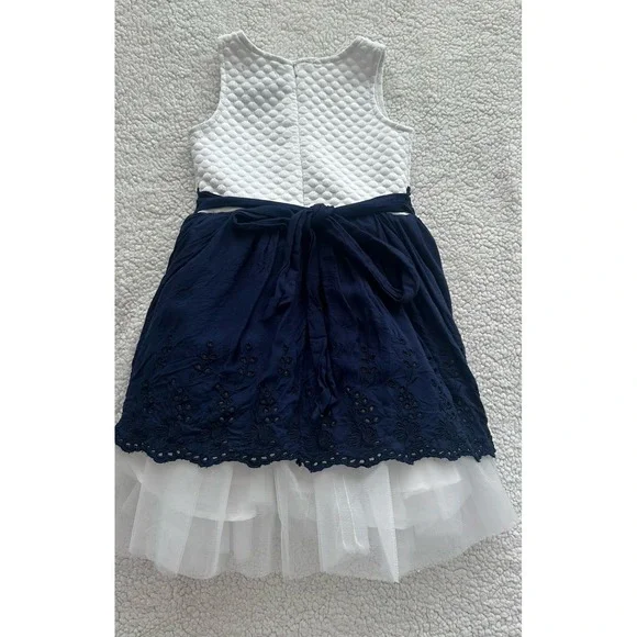Girl's Blue & White Tulle Dress Fancy Bow Formal Size 5 Sleeveless Flower Party - Picture 12 of 13